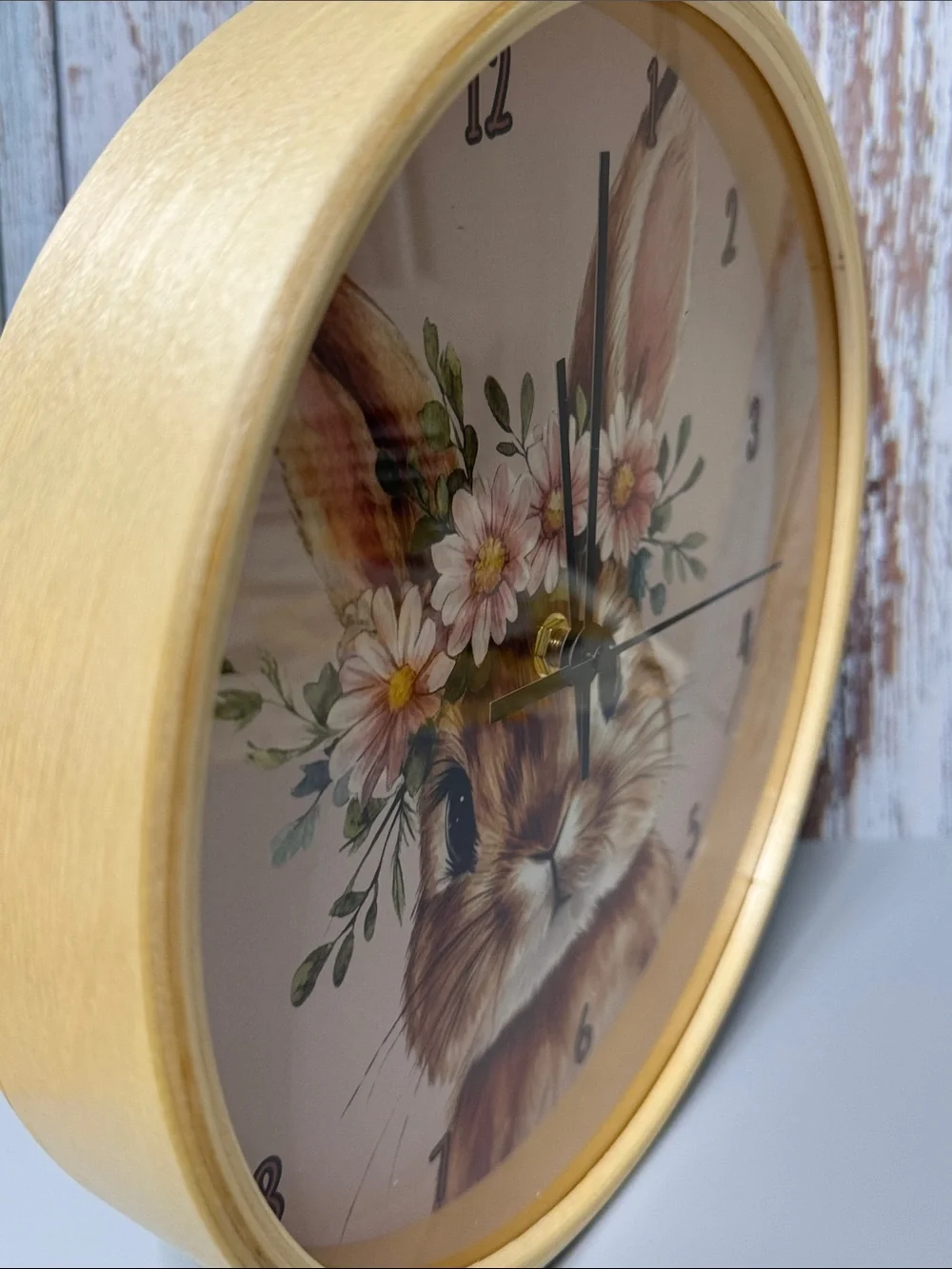 Rabbit Wall Clock, Floral Watercolor Bunny with 100% Wood Frame, 10-Inch Square